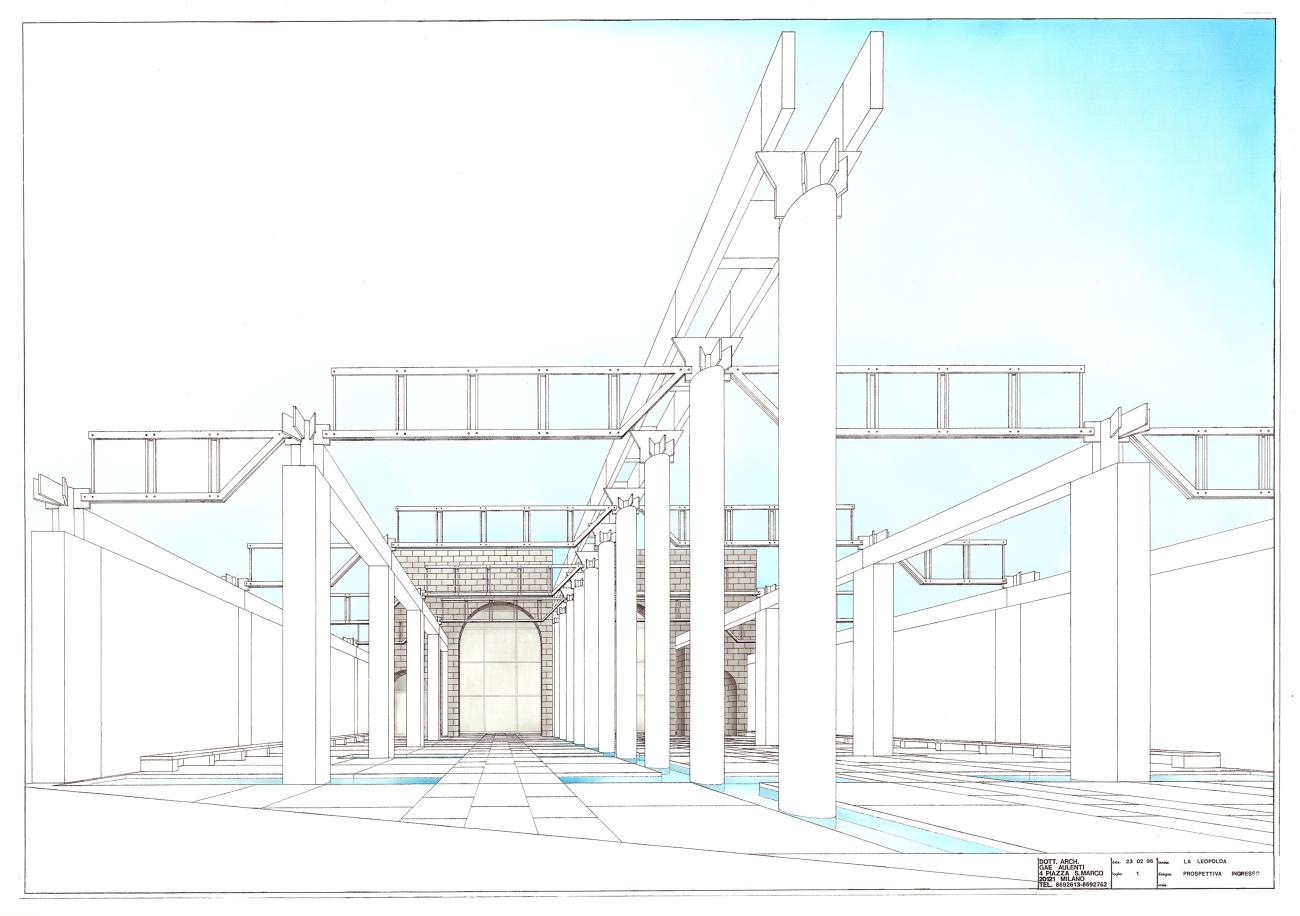 Gae Aulenti con Bianca Ballestrero, Riconfigurazione della piazza antistante l’ex-Stazione Leopolda, Firenze, 1996  Rappresentazione prospettica, prima versione  ©Milano, Archivio Gae Aulenti 