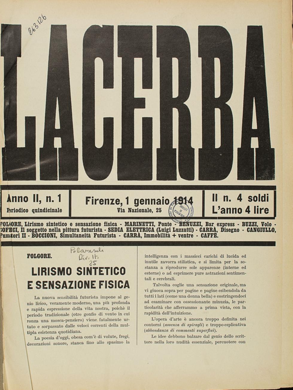 Lacerba, rivista letteraria (1914, Biblioteca Umanistica)