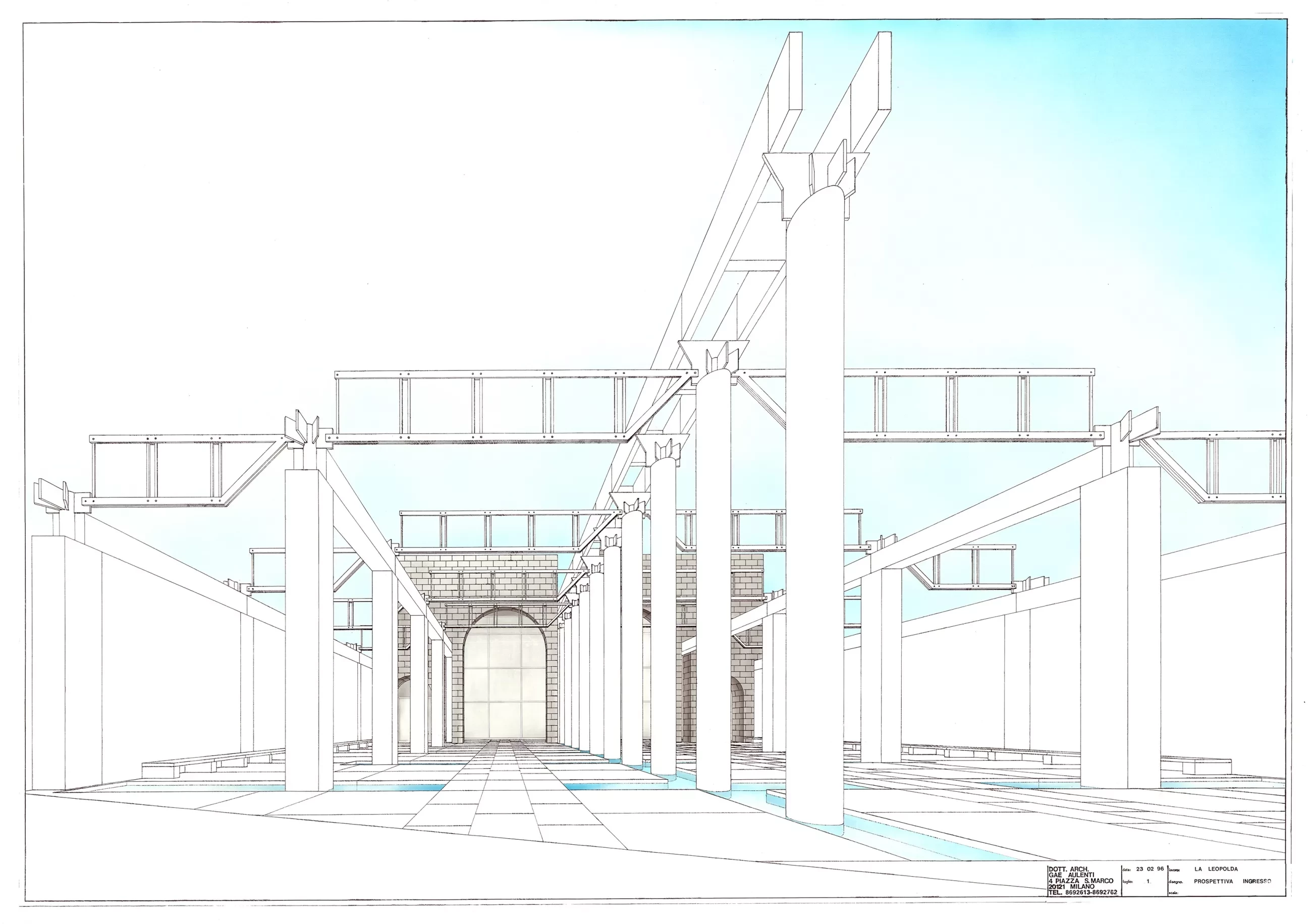 Gae Aulenti con Bianca Ballestrero, Riconfigurazione della piazza antistante l’ex-Stazione Leopolda, Firenze, 1996  Rappresentazione prospettica, prima versione  ©Milano, Archivio Gae Aulenti 
